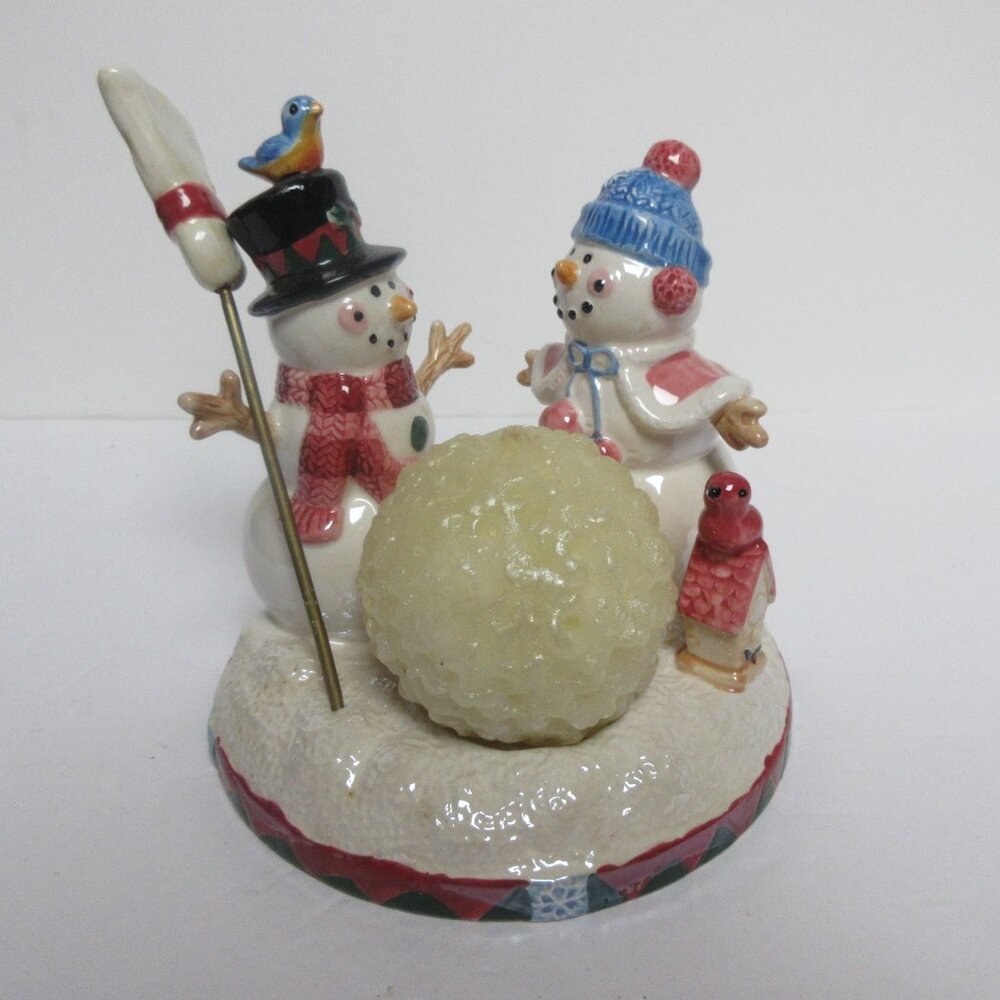 Snow Days Snow Ball Round Candle Holder Set With 2 Snowmen Broom and bird